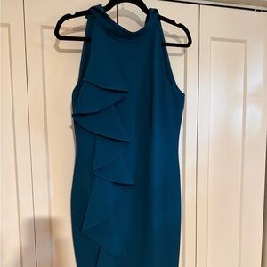 Eliza J Teal Ruffle-Trim Midi Sheath Dress